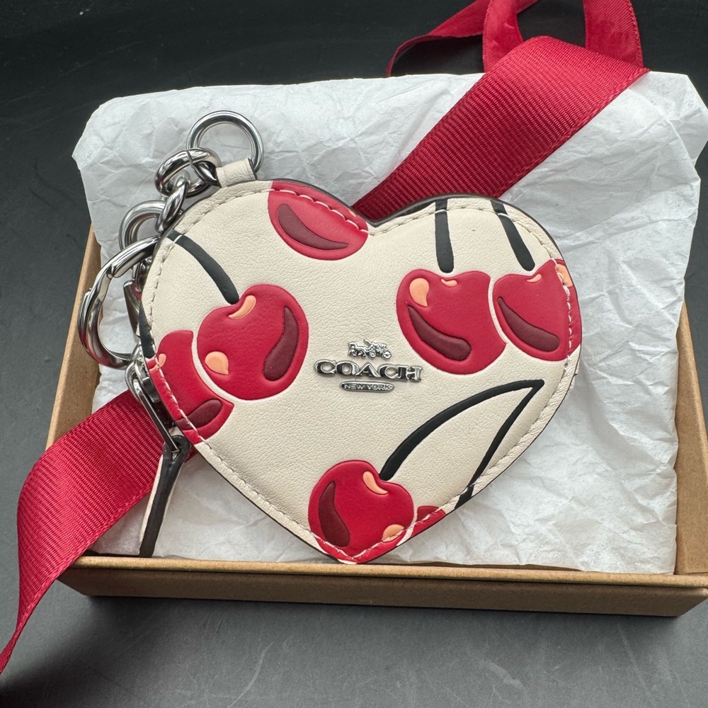 Coach Heart Cherry Keychain Pouch - White & Red